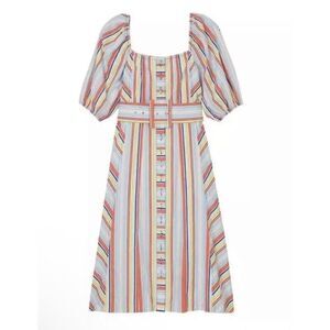 Tanya Taylor Claude Stripe Rainbow Dress Puff Sleeve Belt Sz 0 NWT $475